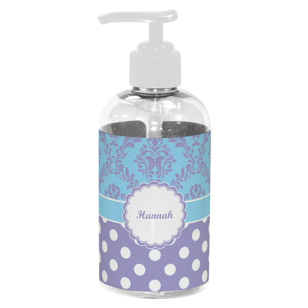 Custom Purple Damask & Dots Plastic Soap / Lotion Dispenser (8 oz - Small - White) (Personalized)