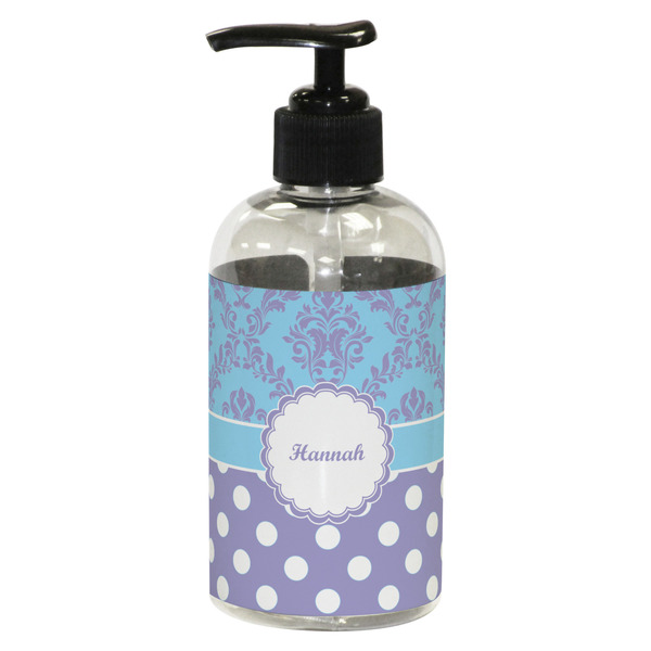 Custom Purple Damask & Dots Plastic Soap / Lotion Dispenser (8 oz - Small - Black) (Personalized)