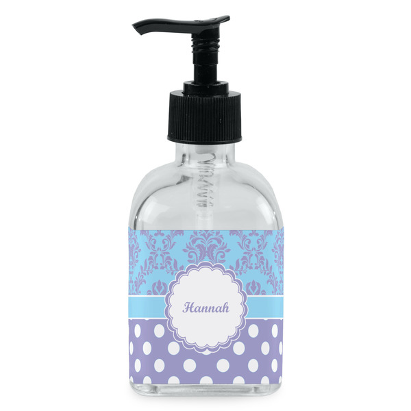 Custom Purple Damask & Dots Glass Soap & Lotion Bottle - Single Bottle (Personalized)