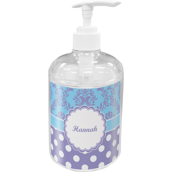 Custom Purple Damask & Dots Acrylic Soap & Lotion Bottle (Personalized)