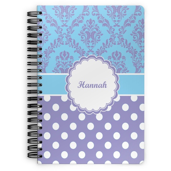 Custom Purple Damask & Dots Spiral Notebook - 7x10 w/ Name or Text