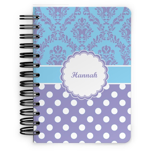 Custom Purple Damask & Dots Spiral Notebook - 5x7 w/ Name or Text