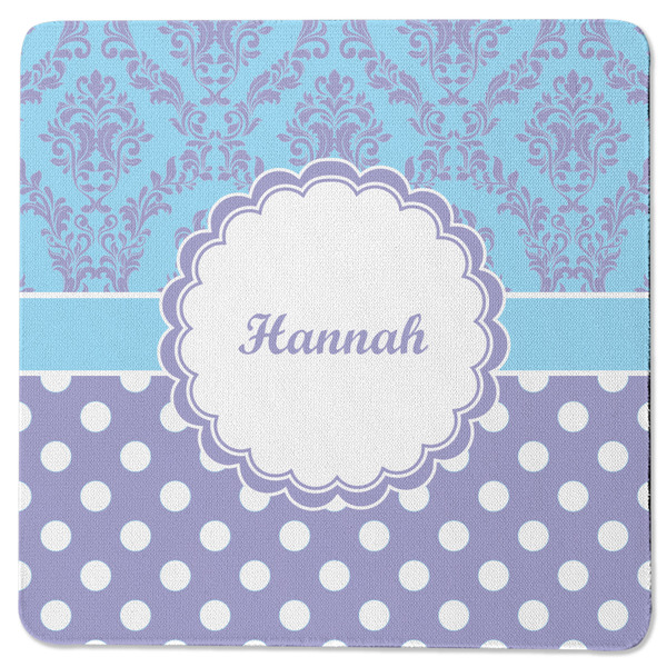 Custom Purple Damask & Dots Square Rubber Backed Coaster (Personalized)