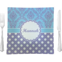 Purple Damask & Dots 9.5" Glass Square Lunch / Dinner Plate- Single or Set of 4 (Personalized)