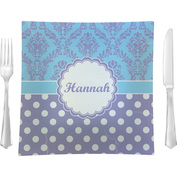 Custom Purple Damask & Dots 9.5" Glass Square Lunch / Dinner Plate- Single or Set of 4 (Personalized)