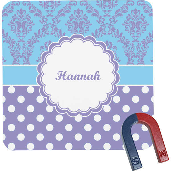 Custom Purple Damask & Dots Square Fridge Magnet (Personalized)