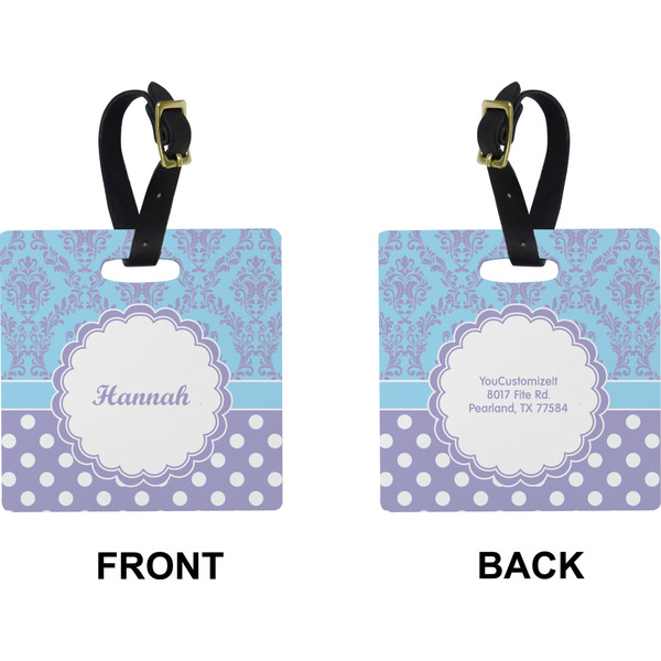 Purple Damask & Dots Square Luggage Tag (Front + Back)