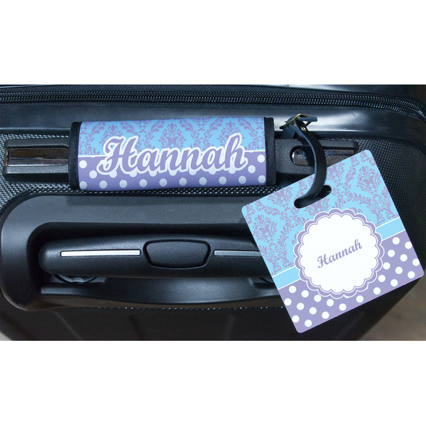 Purple Damask & Dots Square Luggage Tag & Handle Wrap - In Context