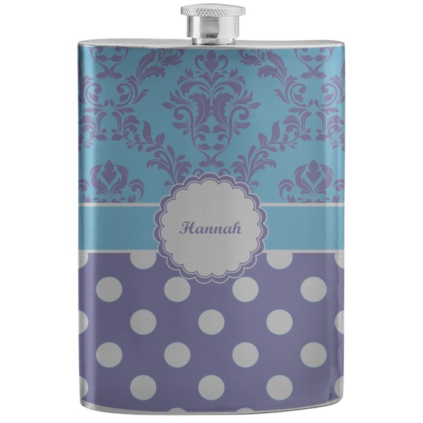 Custom Purple Damask & Dots Stainless Steel Flask (Personalized)