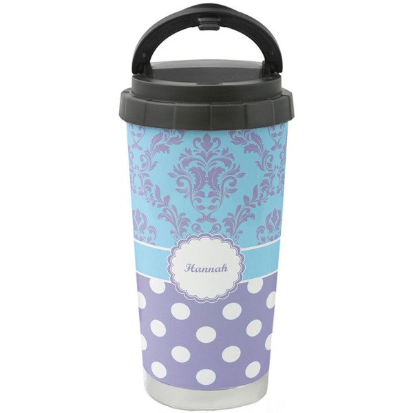 Custom Purple Damask & Dots Stainless Steel Coffee Tumbler (Personalized)