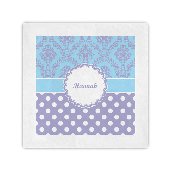 Custom Purple Damask & Dots Standard Cocktail Napkins (Personalized)