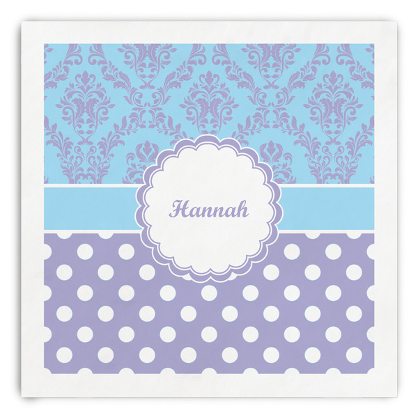 Custom Purple Damask & Dots Paper Dinner Napkins (Personalized)