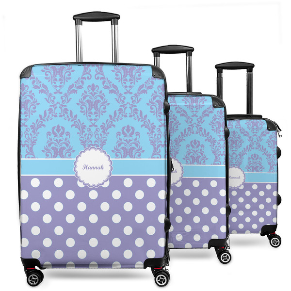 Custom Purple Damask & Dots 3 Piece Luggage Set - 20" Carry On, 24" Medium Checked, 28" Large Checked (Personalized)