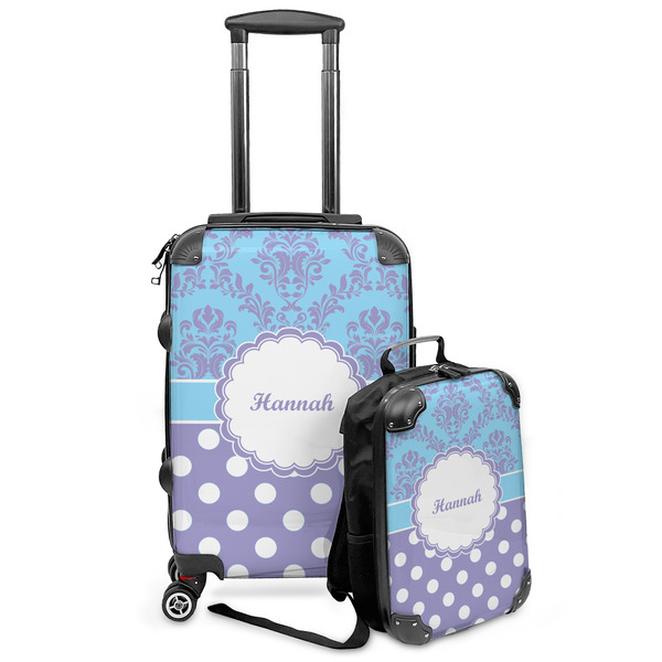 Custom Purple Damask & Dots Kids 2-Piece Luggage Set - Suitcase & Backpack (Personalized)