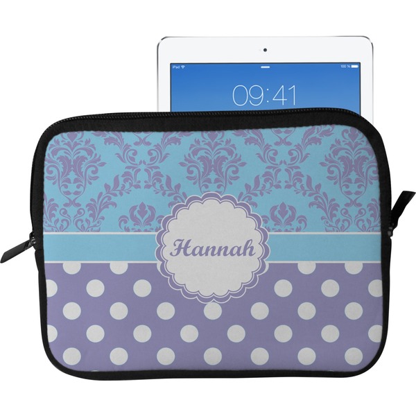 Custom Purple Damask & Dots Tablet Case / Sleeve - Large (Personalized)