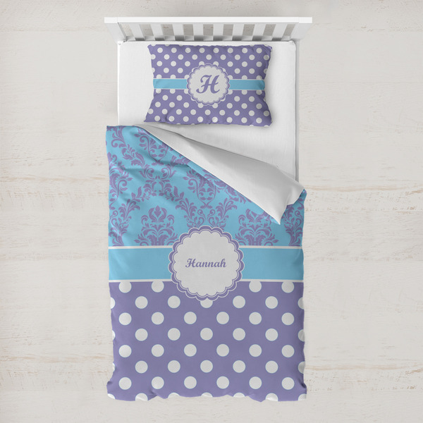 Custom Purple Damask & Dots Toddler Bedding w/ Name or Text
