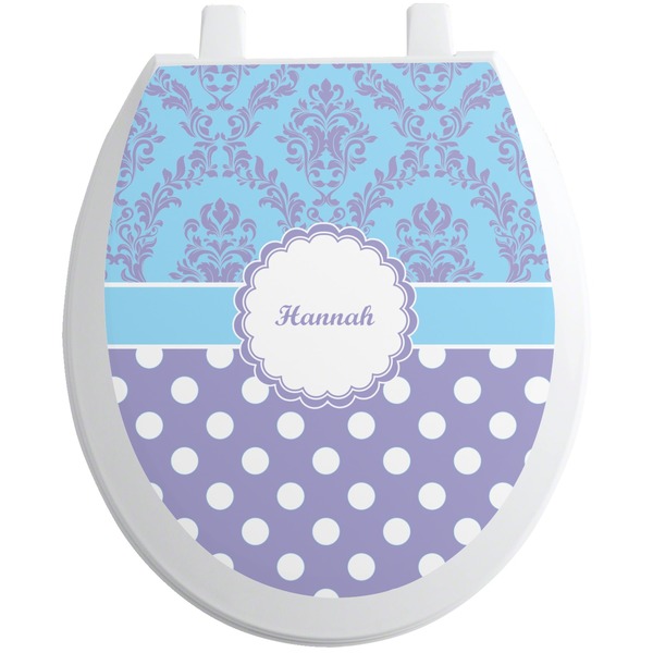 Custom Purple Damask & Dots Toilet Seat Decal - Round (Personalized)