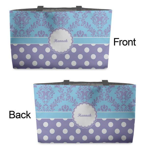 Purple Damask & Dots Tote w/Black Handles - Front & Back Views