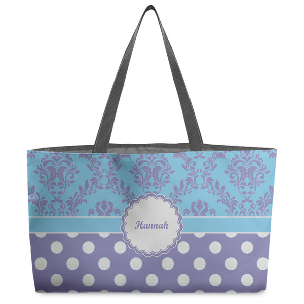 Custom Purple Damask & Dots Beach Totes Bag - w/ Black Handles (Personalized)