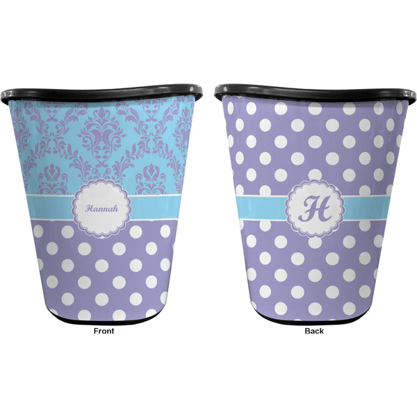 Purple Damask & Dots Trash Can Black - Front and Back - Apvl