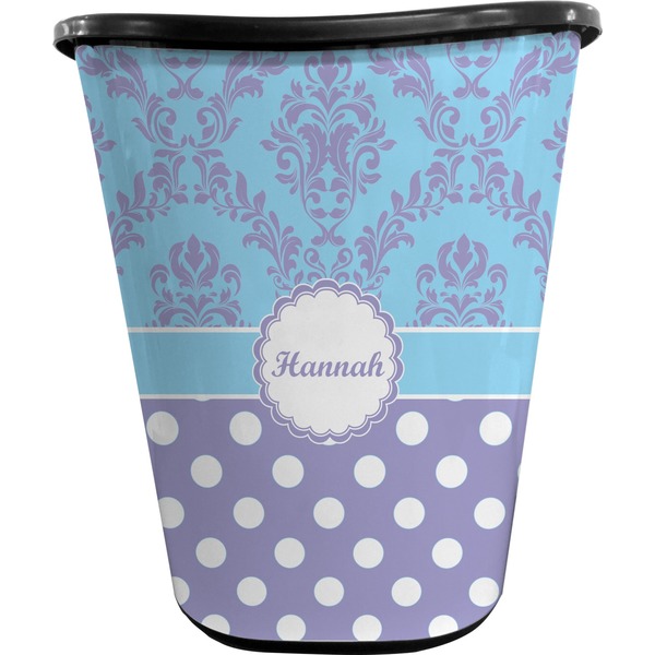 Purple Damask & Dots Trash Can Black