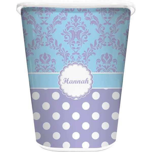Custom Purple Damask & Dots Waste Basket - Double Sided (White) (Personalized)