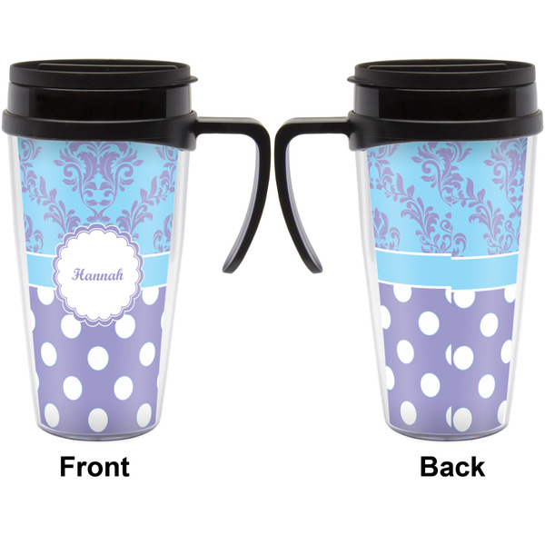 Purple Damask & Dots Travel Mug with Black Handle - Approval
