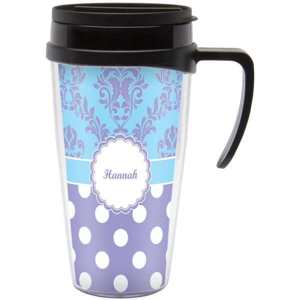 Custom Purple Damask & Dots Acrylic Travel Mug with Handle (Personalized)