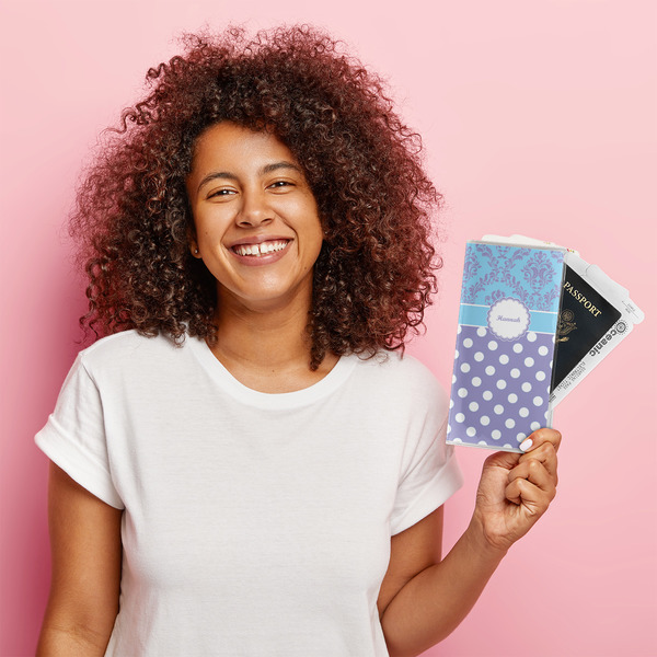 Purple Damask & Dots Vinyl Document Holder - LIFESTYLE