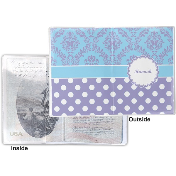 Purple Damask & Dots Vinyl Passport Holder - Flat Front and Back