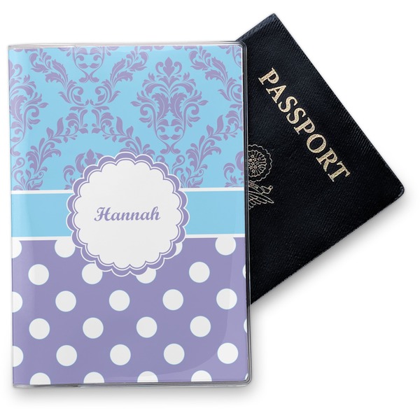 Custom Purple Damask & Dots Vinyl Passport Holder (Personalized)
