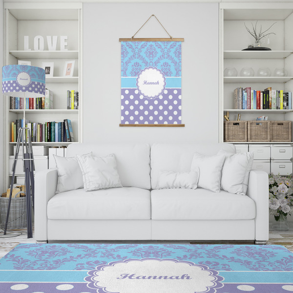 Purple Damask & Dots Wall Hanging Tapestry - Portrait - IN CONTEXT