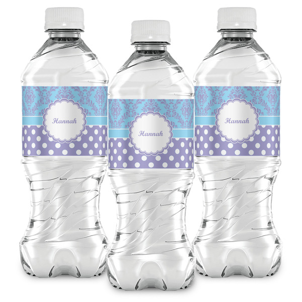 Purple Damask & Dots Water Bottle Labels - Front View