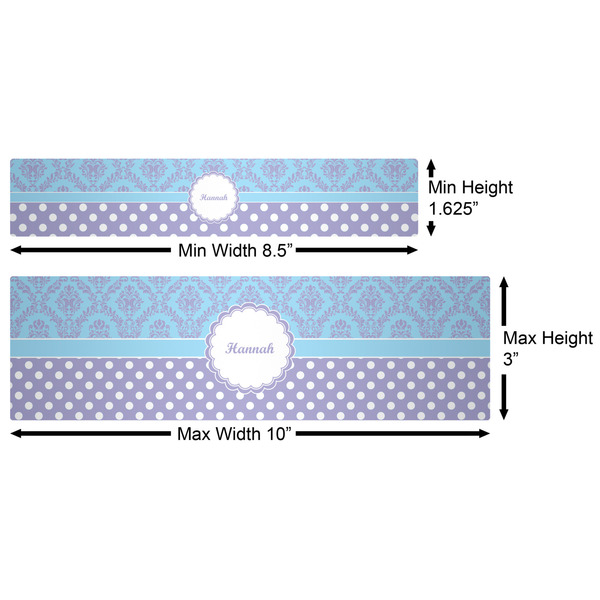 Purple Damask & Dots Water Bottle Labels w/ Dimensions