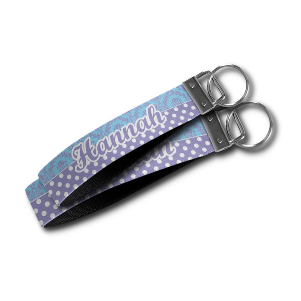 Purple Damask & Dots Webbing Keychain FOBs - Size Comparison