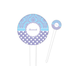 Purple Damask & Dots 4" Round Plastic Food Picks - White - Double Sided (Personalized)