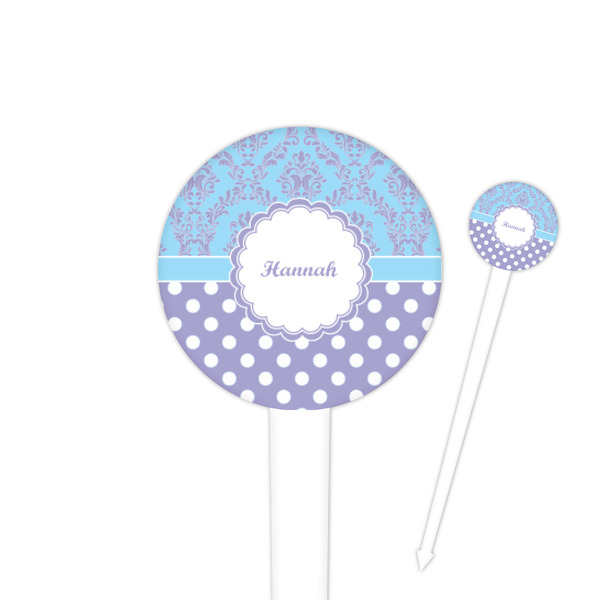 Custom Purple Damask & Dots 4" Round Plastic Food Picks - White - Double Sided (Personalized)