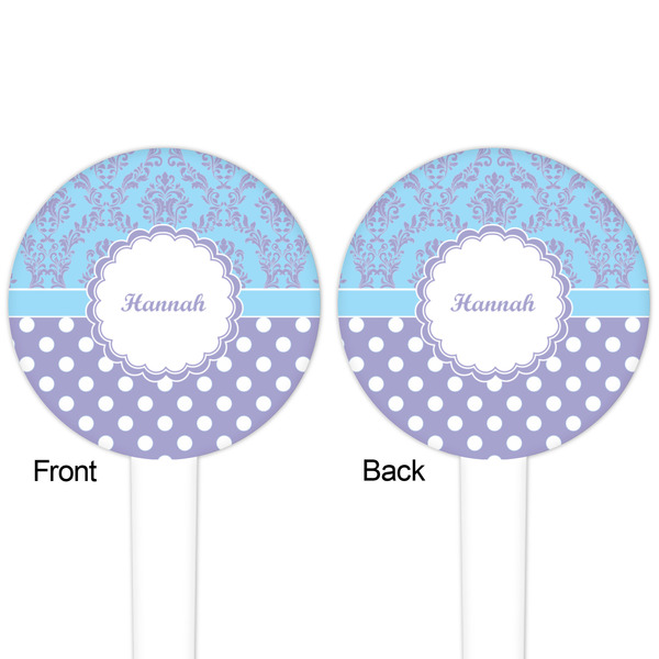 Purple Damask & Dots White Plastic 4" Food Pick - Round - Double Sided - Front & Back