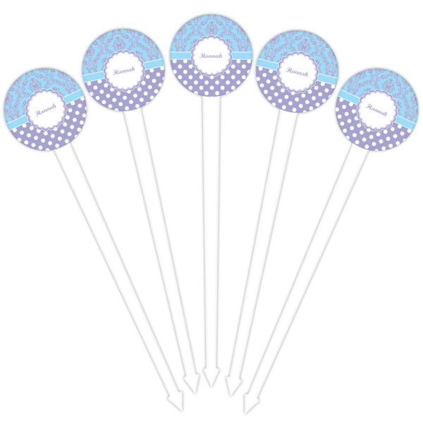 Purple Damask & Dots White Plastic 4" Food Pick - Round - Fan View