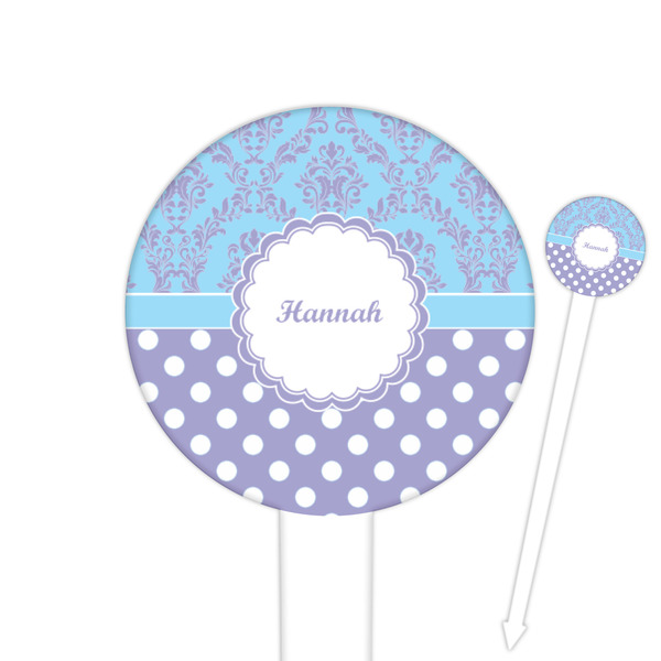Custom Purple Damask & Dots 6" Round Plastic Food Picks - White - Double Sided (Personalized)