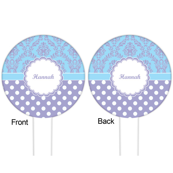 Purple Damask & Dots White Plastic 6" Food Pick - Round - Double Sided - Front & Back