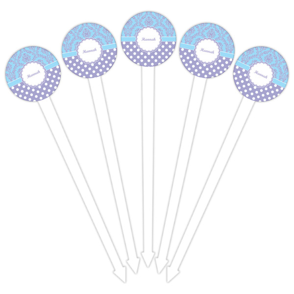 Purple Damask & Dots White Plastic 6" Food Pick - Round - Fan View