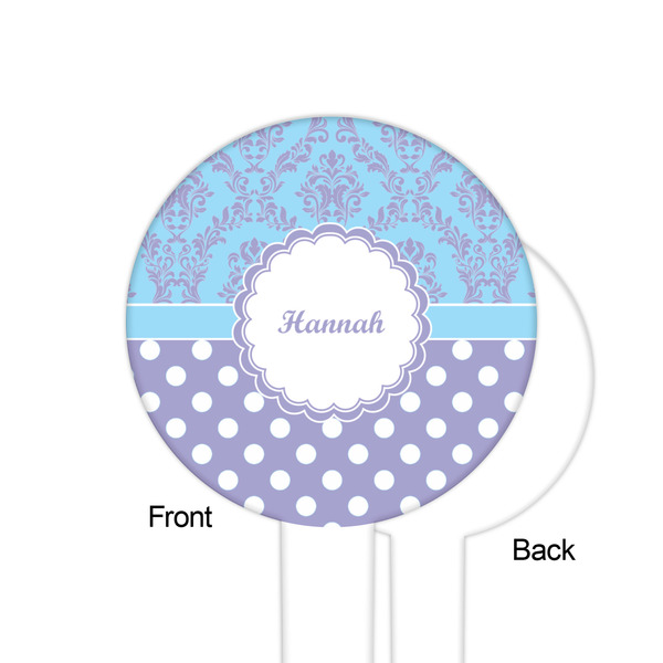 Purple Damask & Dots White Plastic 6" Food Pick - Round - Single Sided - Front & Back