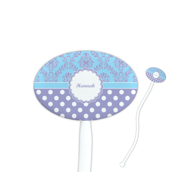 Custom Purple Damask & Dots Oval Plastic Stir Sticks (Personalized)