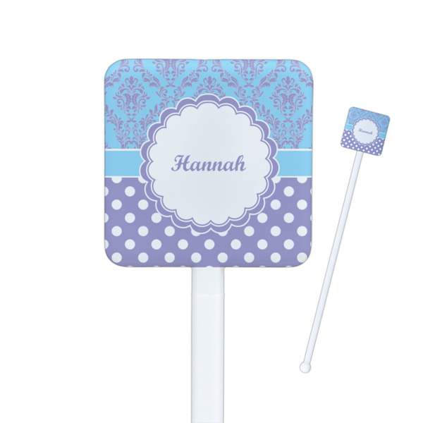 Custom Purple Damask & Dots Square Plastic Stir Sticks (Personalized)