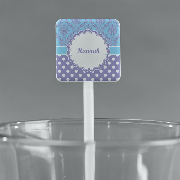 Purple Damask & Dots White Plastic Stir Stick - Square - Main