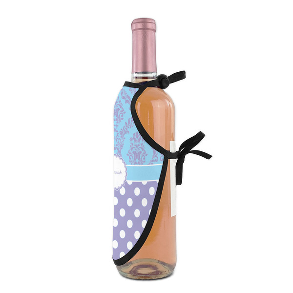 Purple Damask & Dots Wine Bottle Apron - DETAIL WITH CLIP ON NECK
