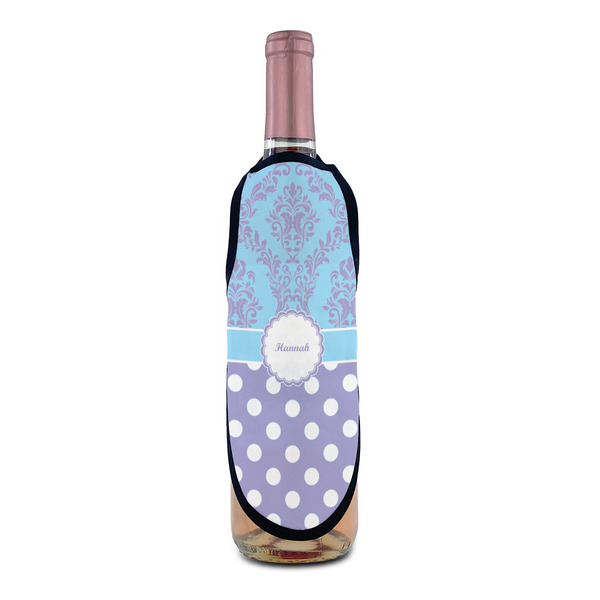 Purple Damask & Dots Wine Bottle Apron - IN CONTEXT