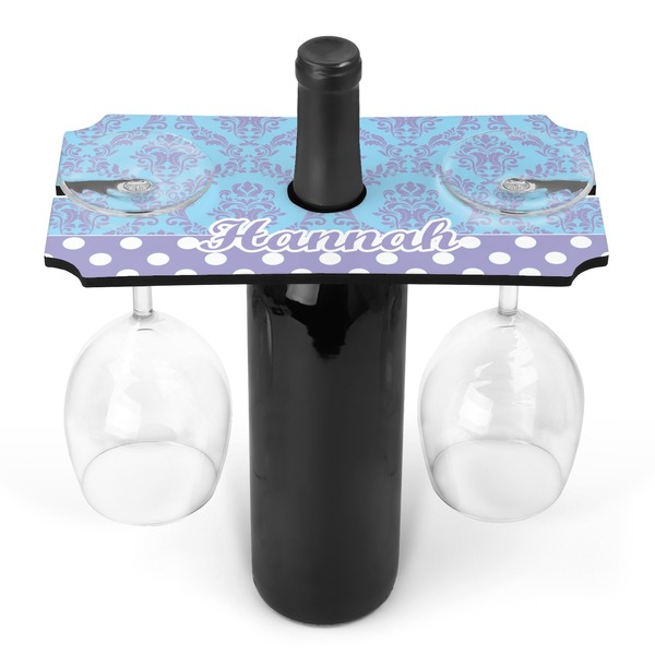 Custom Purple Damask & Dots Wine Bottle & Glass Holder (Personalized)