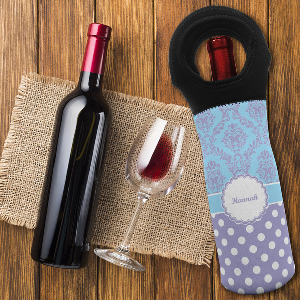 Purple Damask & Dots Wine Tote Bag - FLATLAY